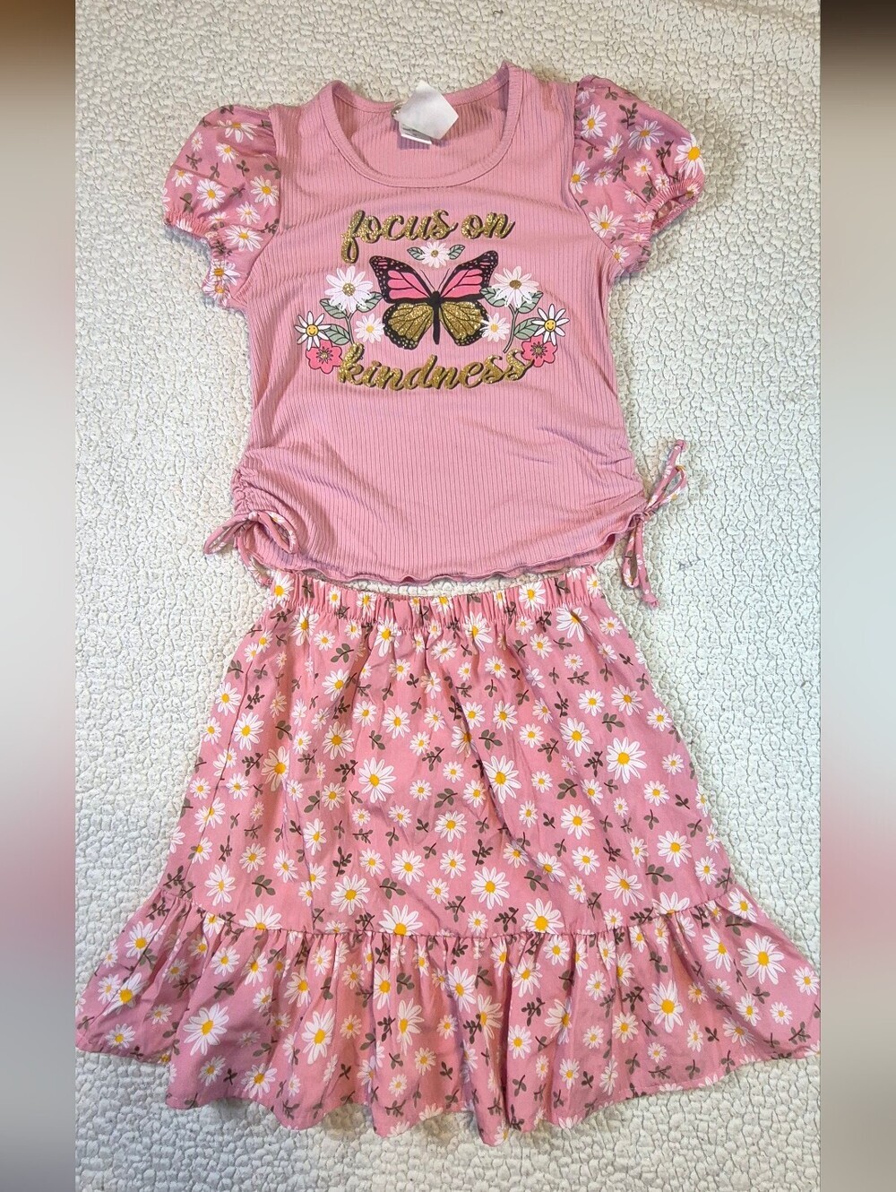 Girls' Pink 'Focus on Kindness' Butterfly Floral Casual Dress - Picture 2 of 4